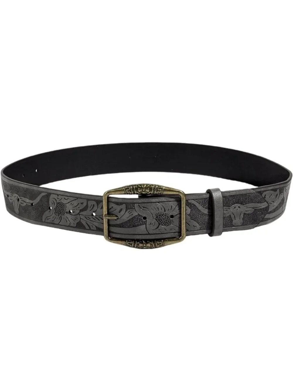 Women Gray Soft Faux Leather Vintage Embossed Y2k Western Cowgirl Bucket Belt